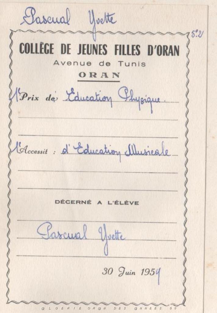 ORAN SCOLARITE COLLEGE DE JEUNE FILLES 1959 LES PRIX ET ACCESSITS.JPG